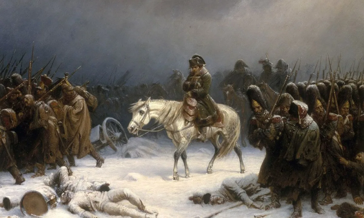 Painting of a long line of bundled, exhausted soldiers trudging through deep snow, with a horseman in a grey coat and a bicorne hat at the front.