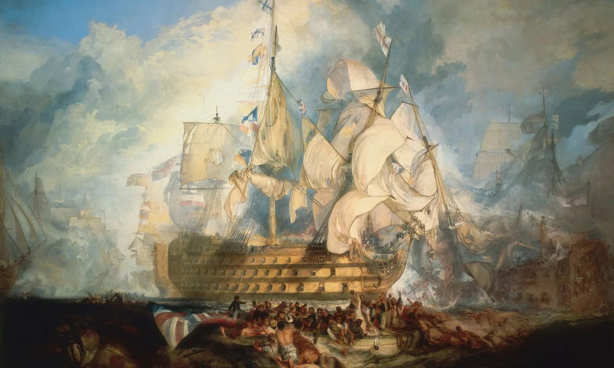 Dark seascape painting of tall sailing warships among smoke and wreckage, with men clinging to spars in the foreground and a flagship at centre.