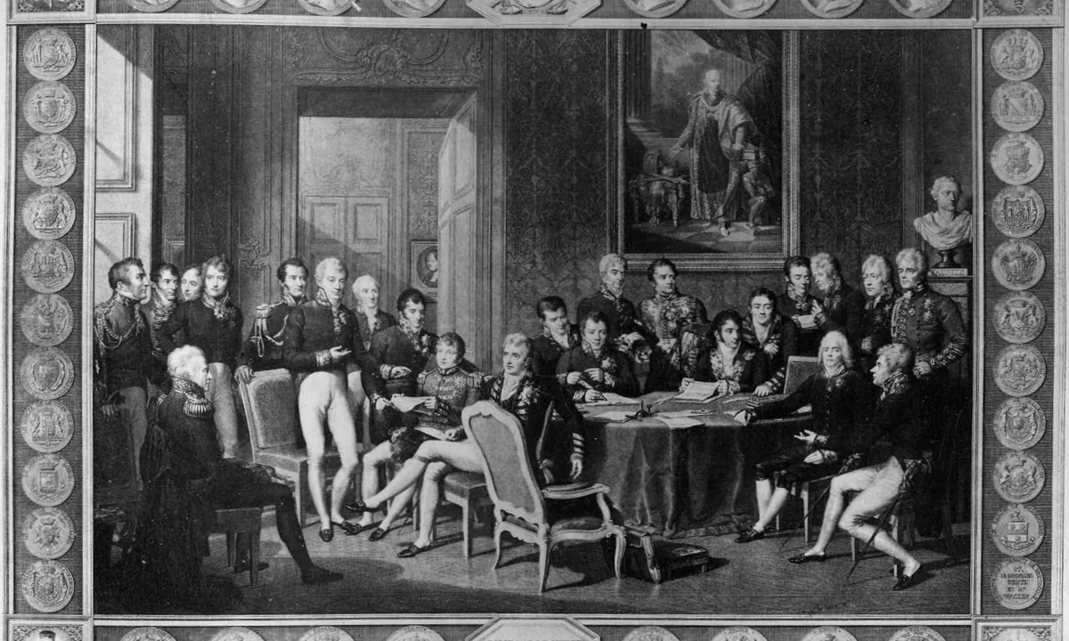 Engraving of a large room with many men in coats and uniforms standing and sitting at tables and in groups.