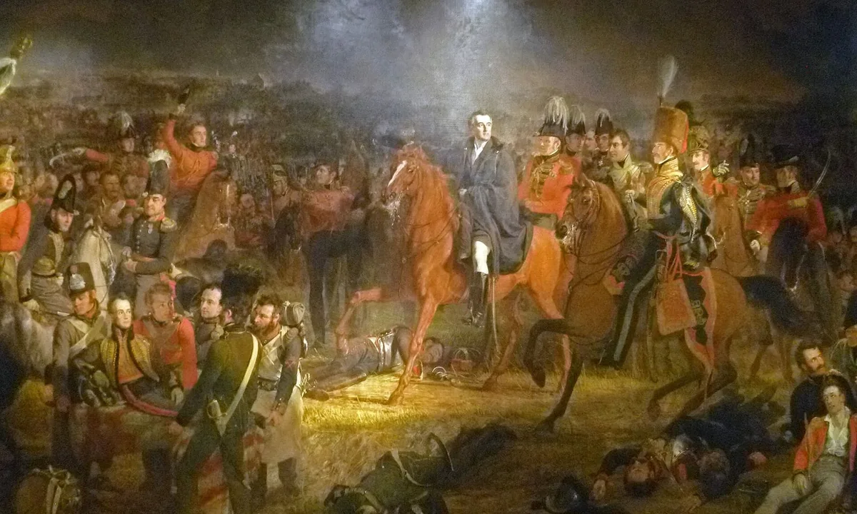 Painting of officers on horseback and on foot crowded around a central figure in a dark cloak, with wounded men on the ground.