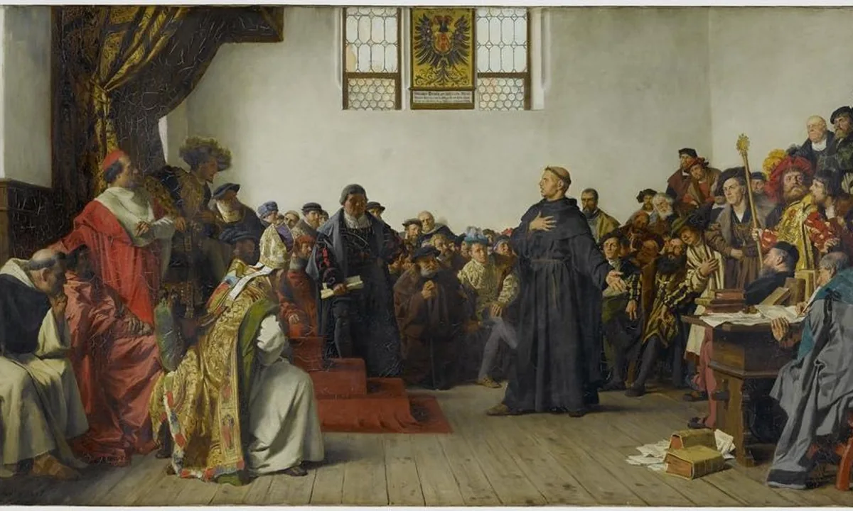 Painting of a monk in dark robes standing in a plain whitewashed hall before a crowd of armoured nobles and clergy.