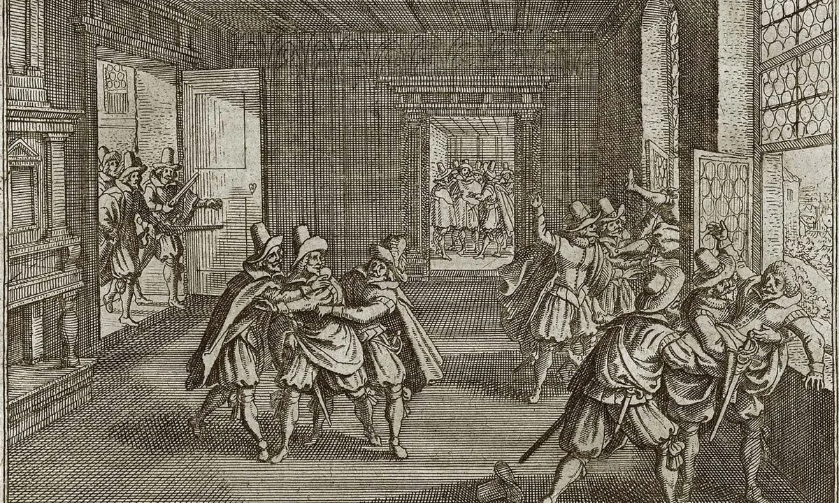 Engraving of a tiled hall in which men in hats grapple with three others, one of whom is being pushed out of a window at the right.