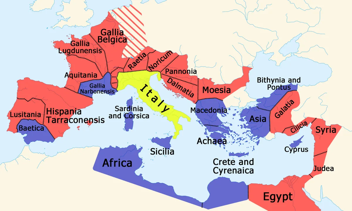 Map of the Mediterranean region with the Roman Empire shaded all around the sea.