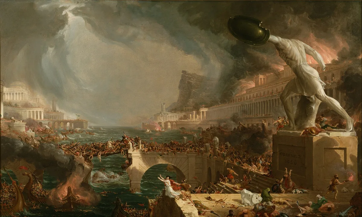 Painting of a classical city being sacked, with burning buildings, a broken bridge and fighting crowds beneath a large broken statue.