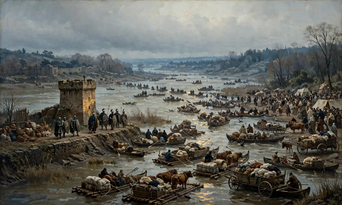 Painted riverscape of families with boats, rafts and wagons crossing a wide river while soldiers watch from the bank.