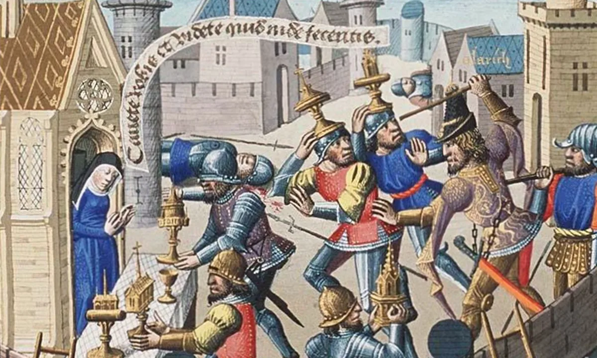 Painting of muscular warriors hauling down a large marble statue with ropes.
