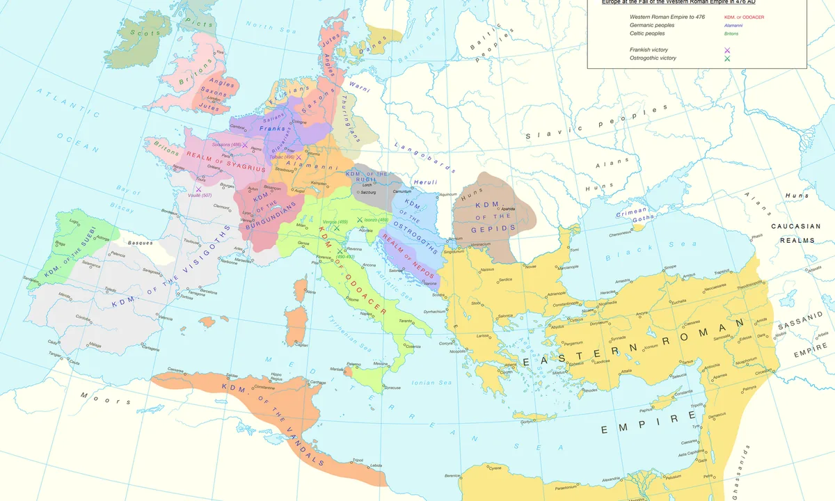 Map of Europe and the Mediterranean showing the eastern Roman Empire and several barbarian kingdoms in the West.