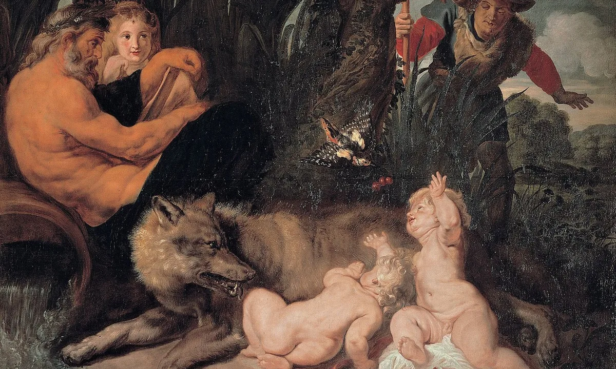 Baroque painting of a she-wolf nursing two plump infants on a riverbank, with a reclining river god and a shepherd behind a tree.