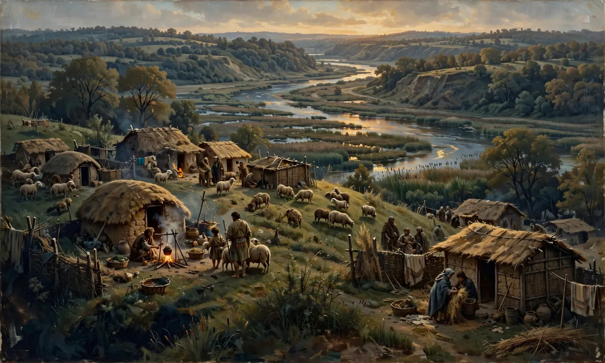 Painted scene of thatched timber huts on a grassy hilltop above a marshy valley and a winding river.