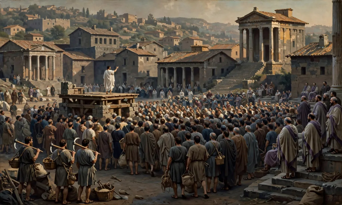 Painted scene of a man in a white toga speaking from a platform to a crowd of working people, with men in togas watching from the side.