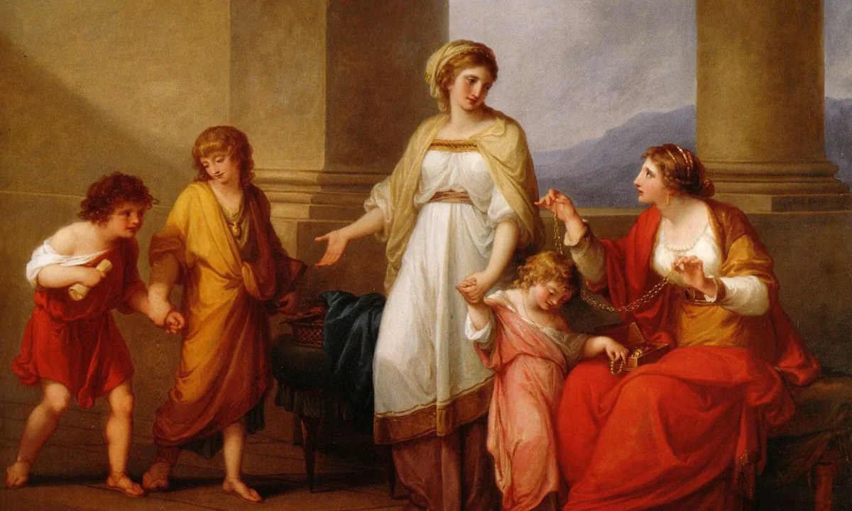 Eighteenth-century painting of a seated Roman mother gesturing to her two young sons while another woman displays jewellery.