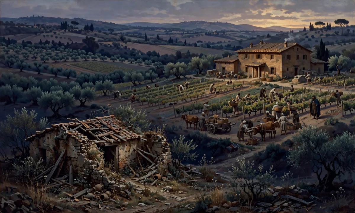 Painted landscape of vineyards and fields with labourers and an overseer, and a ruined farmhouse in the foreground.