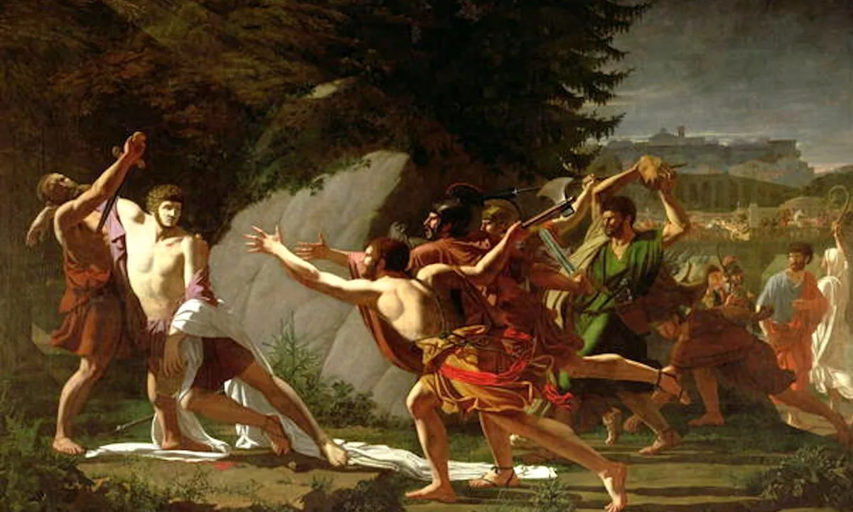 Large neoclassical painting of a dramatic death scene with figures in Roman dress.