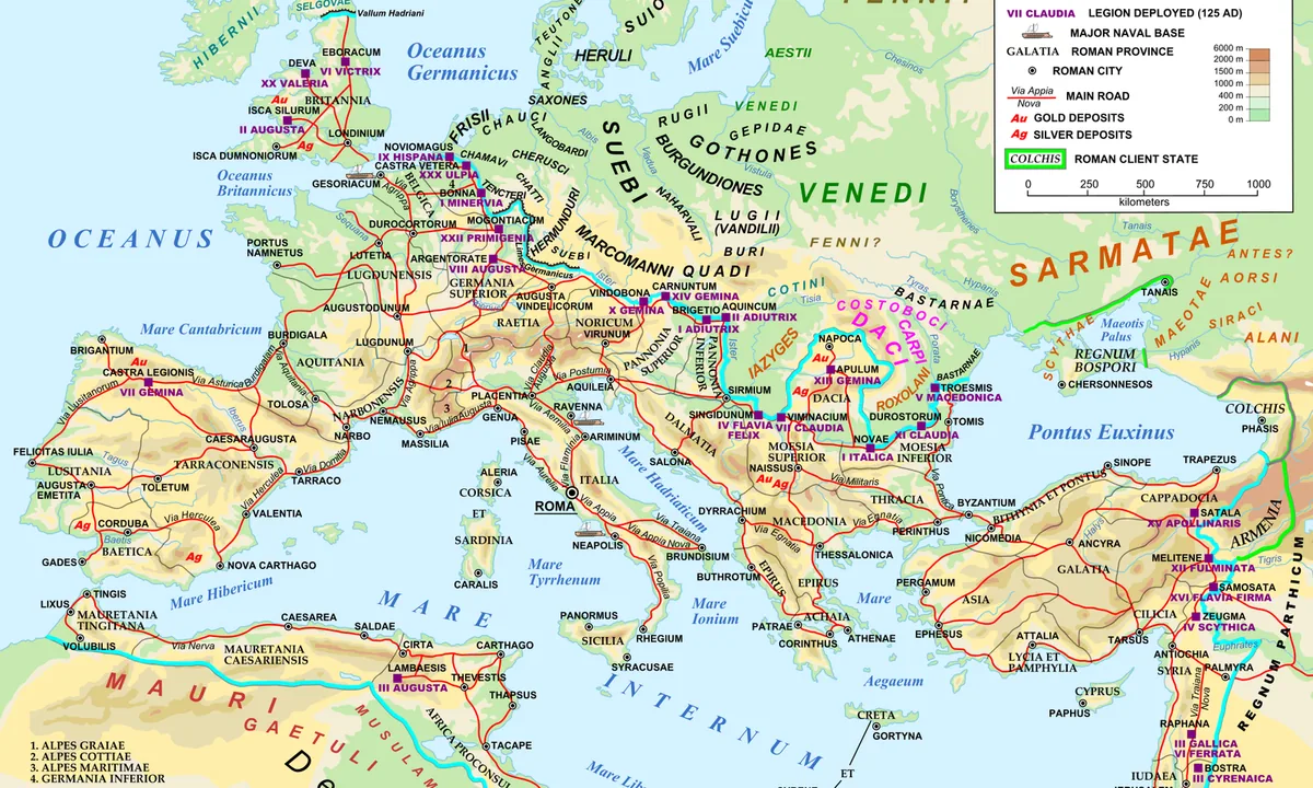 Colourful map of Europe, North Africa and the Near East, with the Roman Empire's provinces, roads and legion bases inside a blue border around the Mediterranean.
