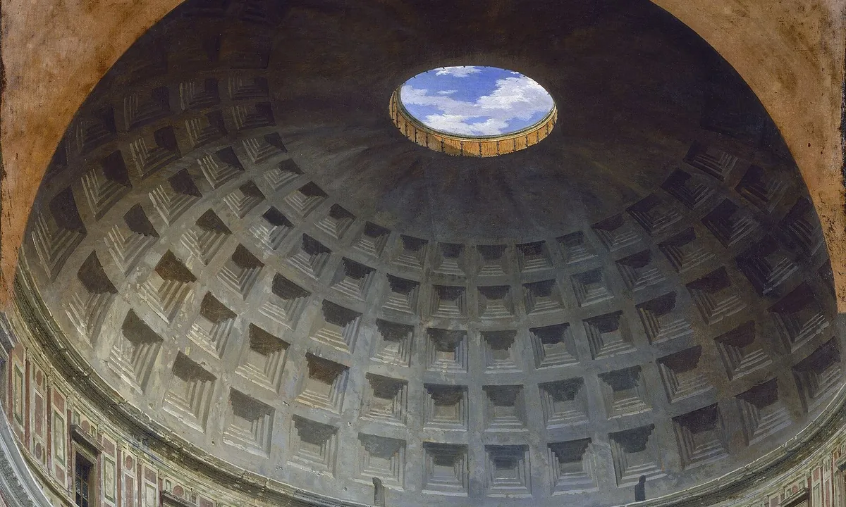 Painting looking up into a vast round dome lined with square coffers, with a circular opening to a blue sky at the top.
