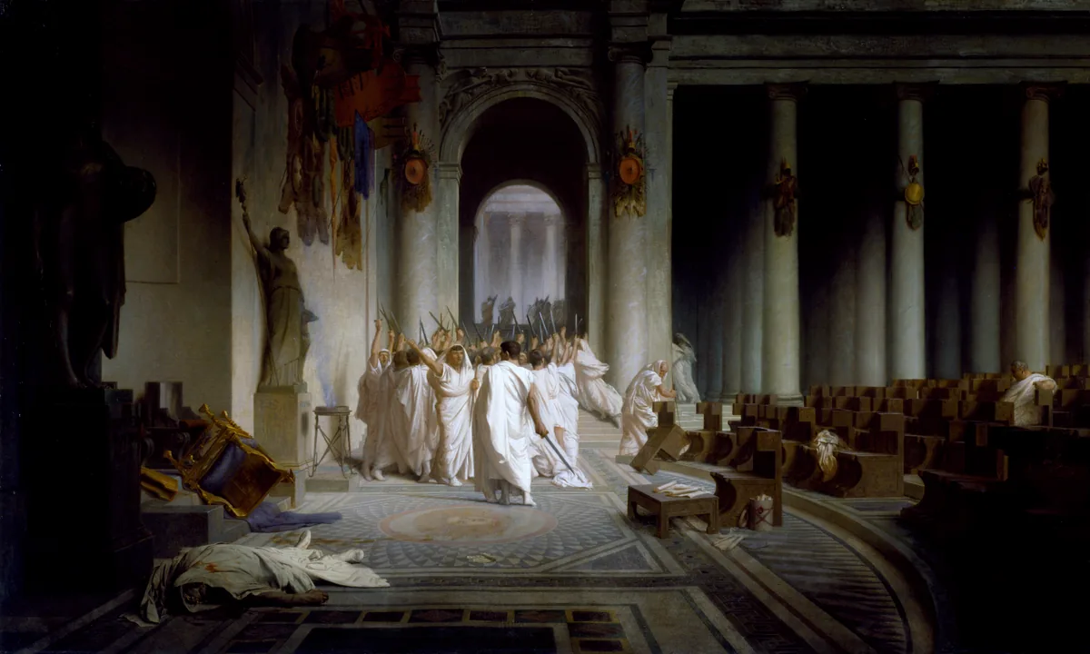 Painting of a large hall with a body in a toga lying on the floor while a group of men raise daggers as they leave.