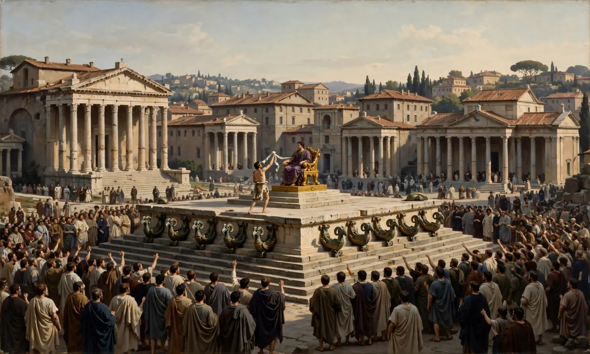Painted crowd in a Roman forum watching a near-naked runner hold up a white band to a man seated on a platform.