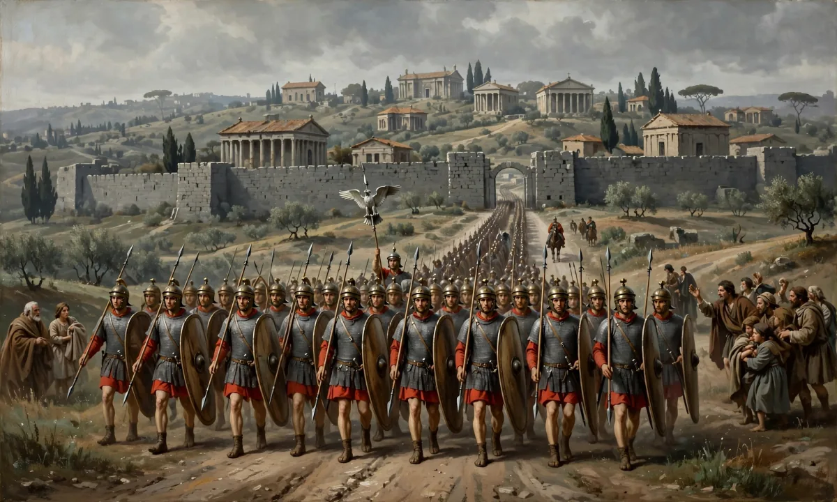 Painted column of armoured soldiers with shields and standards marching along a road toward a walled hill city.