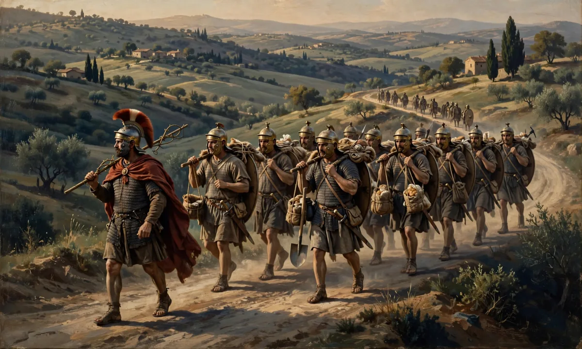 Painted soldiers in mail and bronze helmets marching with bundles of equipment hung from poles over their shoulders.