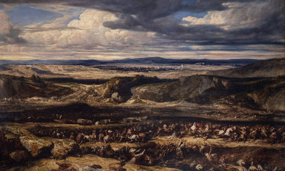 Dark, stormy landscape painting with a vast battle of tiny figures spread across a plain under a dramatic sky.