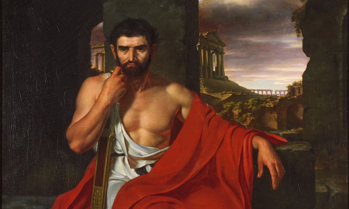Painting of an old man in a red cloak sitting brooding among broken columns and ruins.