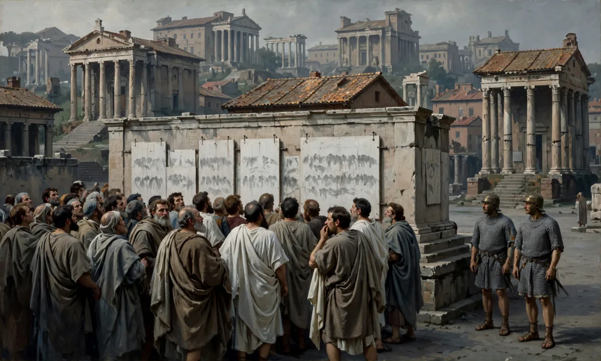 Painted scene of anxious people crowding before wooden boards on a wall, with soldiers standing nearby.