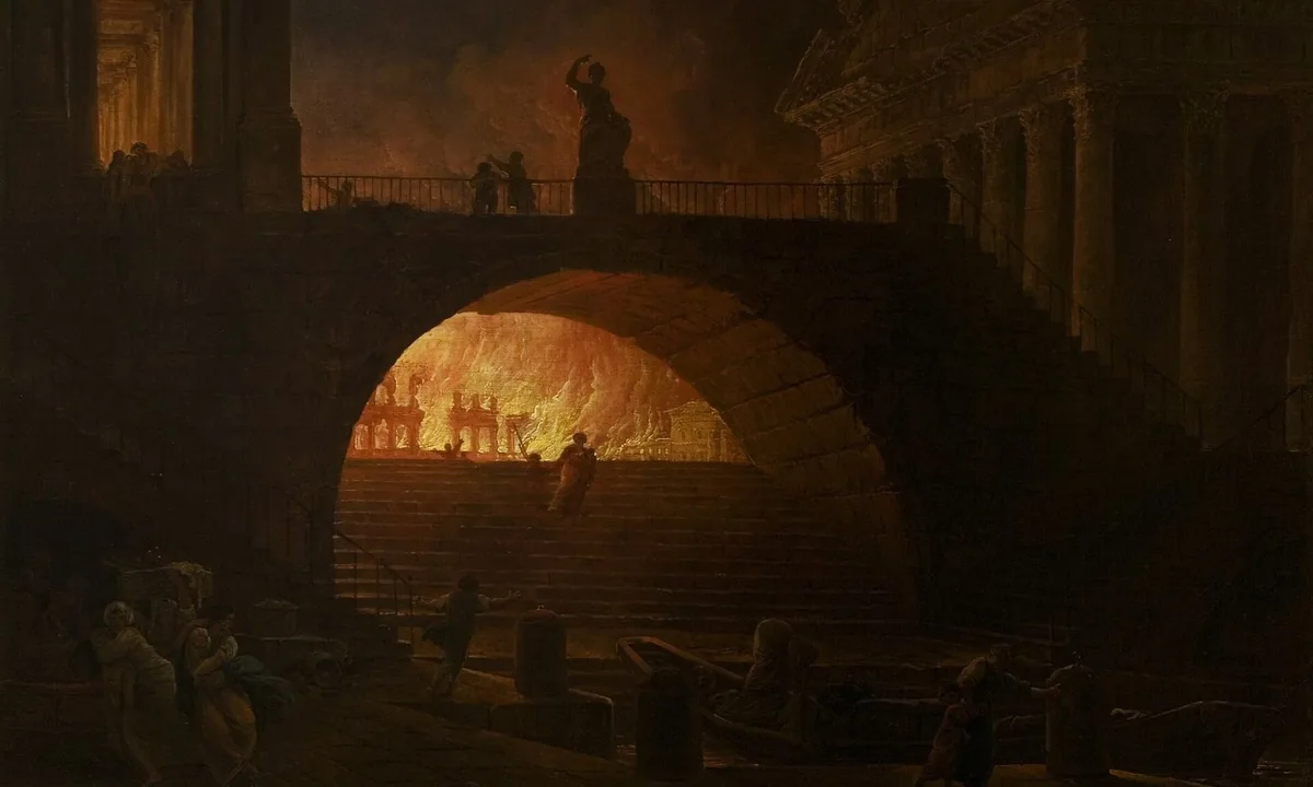 Painting of a stone bridge and a columned temple in darkness, with flames raging beyond a great arch and small figures fleeing in the foreground.