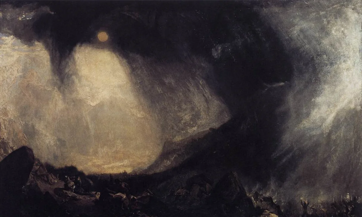 Swirling painting of a dark storm arching over tiny figures of soldiers in a mountain valley, with a pale sun breaking through.