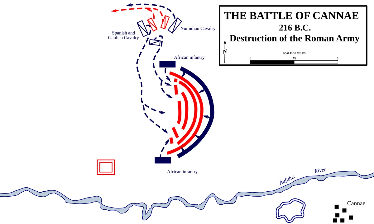 Military map with blocks of troops showing a large army surrounded on all sides by a smaller one.