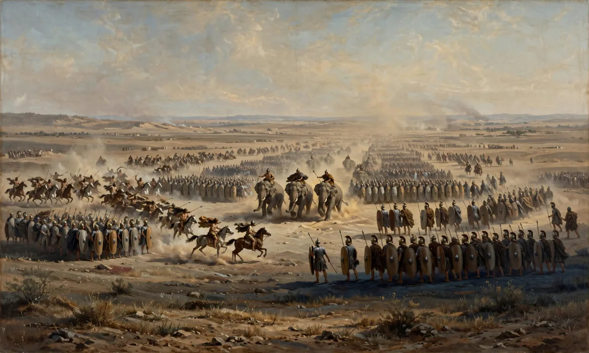 Painted battle scene of elephants running between gaps in lines of shielded infantry on a dusty plain, with cavalry in the distance.