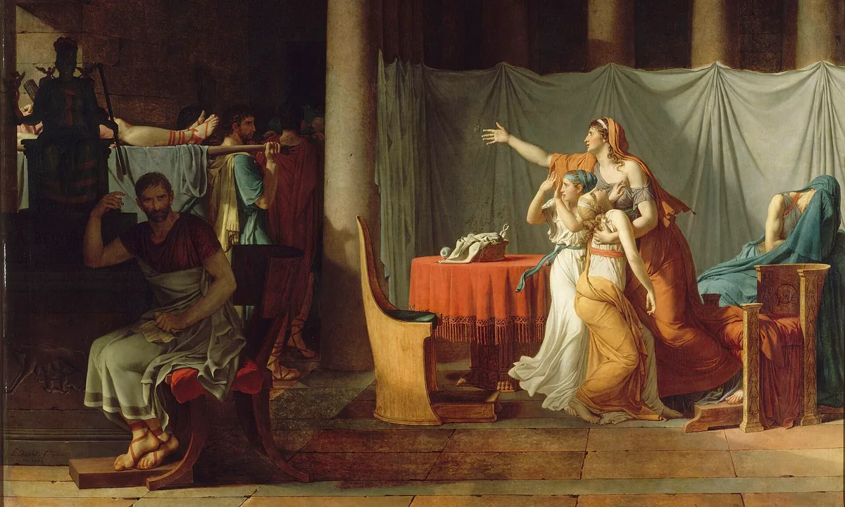 Neoclassical painting of a man brooding in shadow on the left while men carry in bodies on a bier and women cry out on the right.