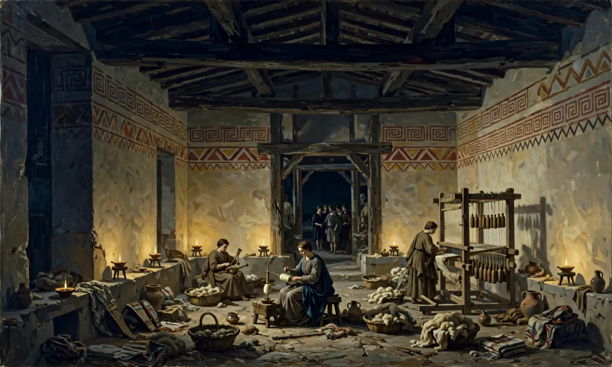 Painted night interior with women spinning wool by oil lamps while young men in cloaks watch from a doorway.