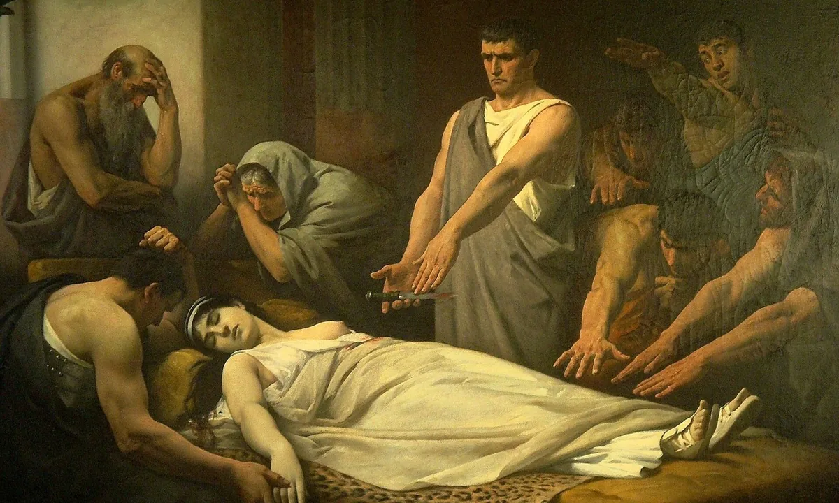 Eighteenth-century painting of a man holding a dagger aloft beside a dying woman supported by two grieving men.