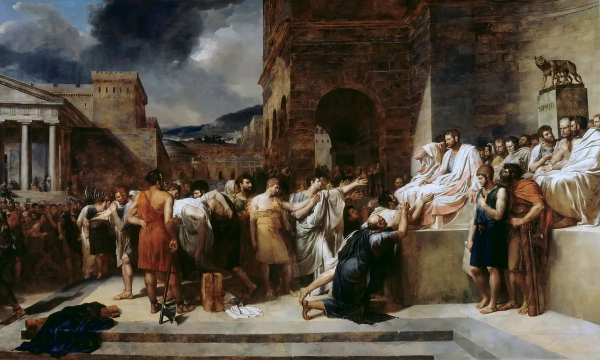 Large neoclassical painting of a seated magistrate on a raised platform pointing as two young men are led away before a crowd.