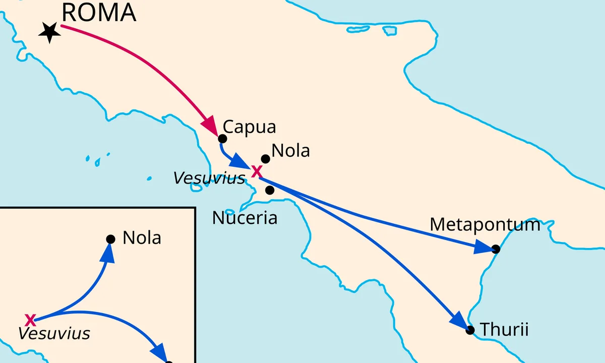 Map of southern Italy with blue arrows running from Capua to Vesuvius and on to Metapontum and Thurii, a red arrow from Rome to Capua, and an inset of the area around Vesuvius.