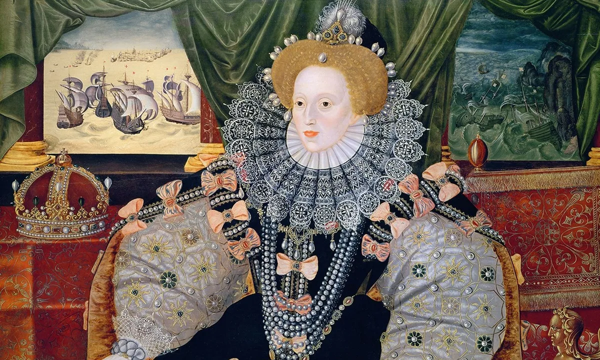 Portrait of a queen in a pearl-covered gown with a huge lace ruff, with two small sea scenes in windows behind her.