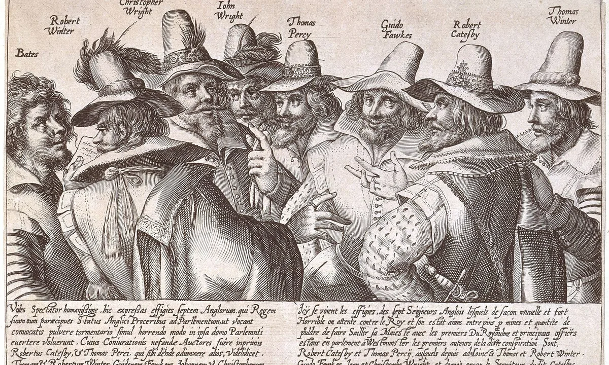 Engraving of eight men in wide-brimmed hats and ruffs, each with his name above him, talking in a group, with Latin and French text beneath.