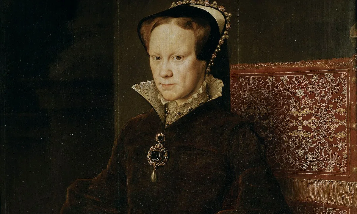 Seated portrait of a pale woman in a dark velvet gown and black-and-pearl hood, holding a red rose, beside a red velvet chair.